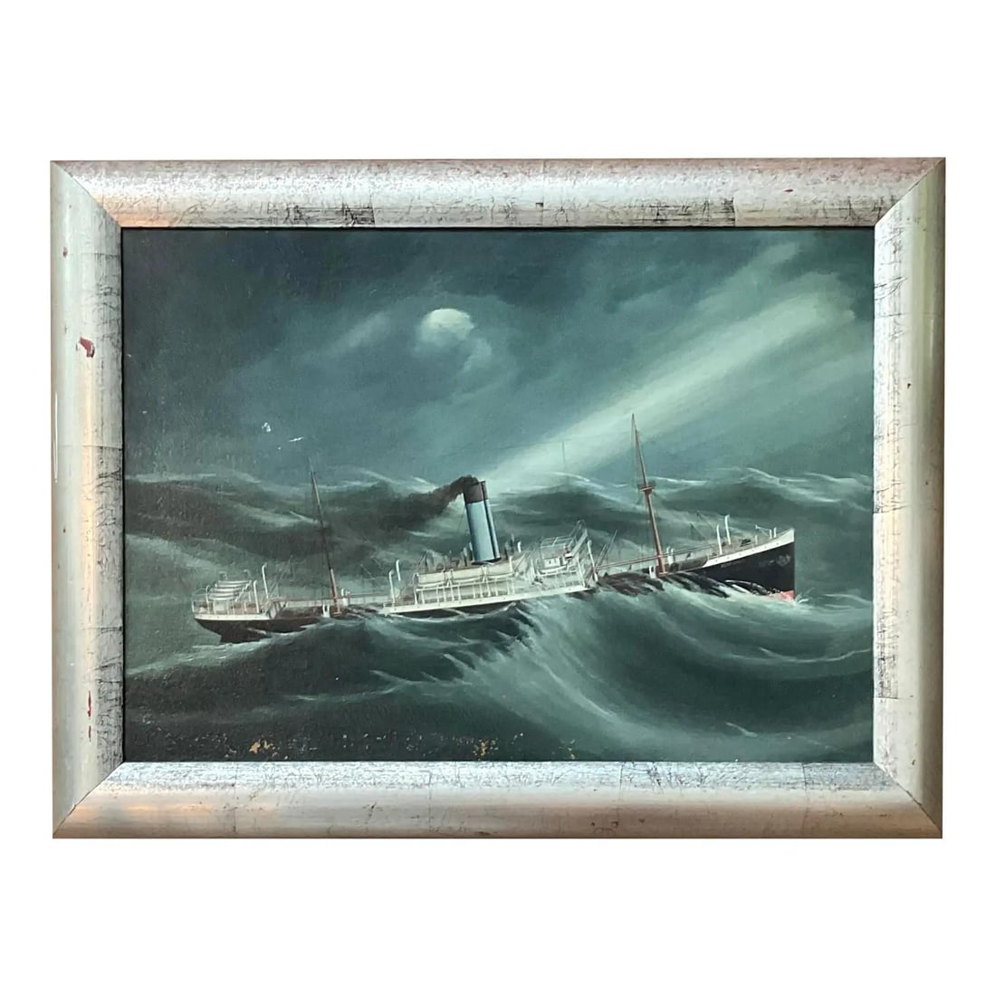 Seascape Oil Painting of Steamship Battling Storm on Canvas 26 x 20: Seascape Oil Painting of Steamship Battling Storm on Canvas 26 x 20 This vintage original seascape oil painting on canvas depicts a majestic steamship navigating a stormy sea under a moonlit sky. The