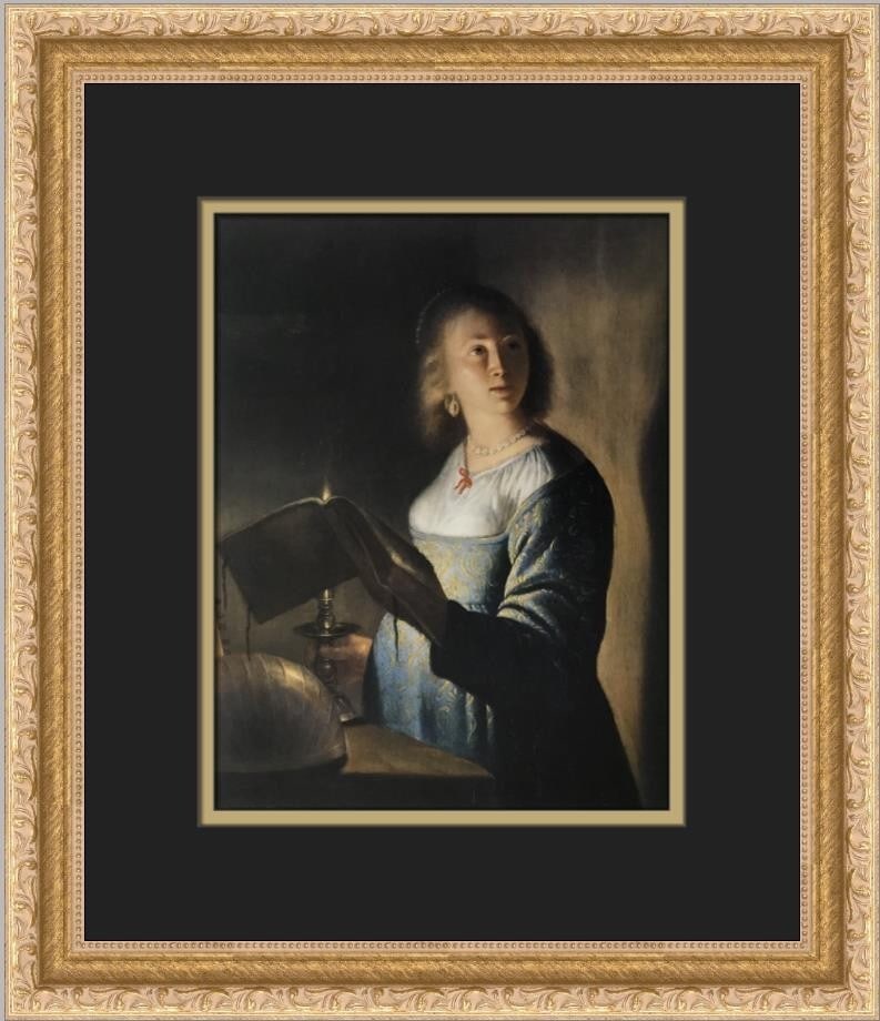 Isack Jouderville Young Woman with a Candle Custom Framed Print 1993: Isack Jouderville Young Woman with a Candle Custom Framed Print 1993 Presenting a stunning custom framed print titled 'Young Woman with a Candle' by artist Isack Jouderville. This medium-sized artwork