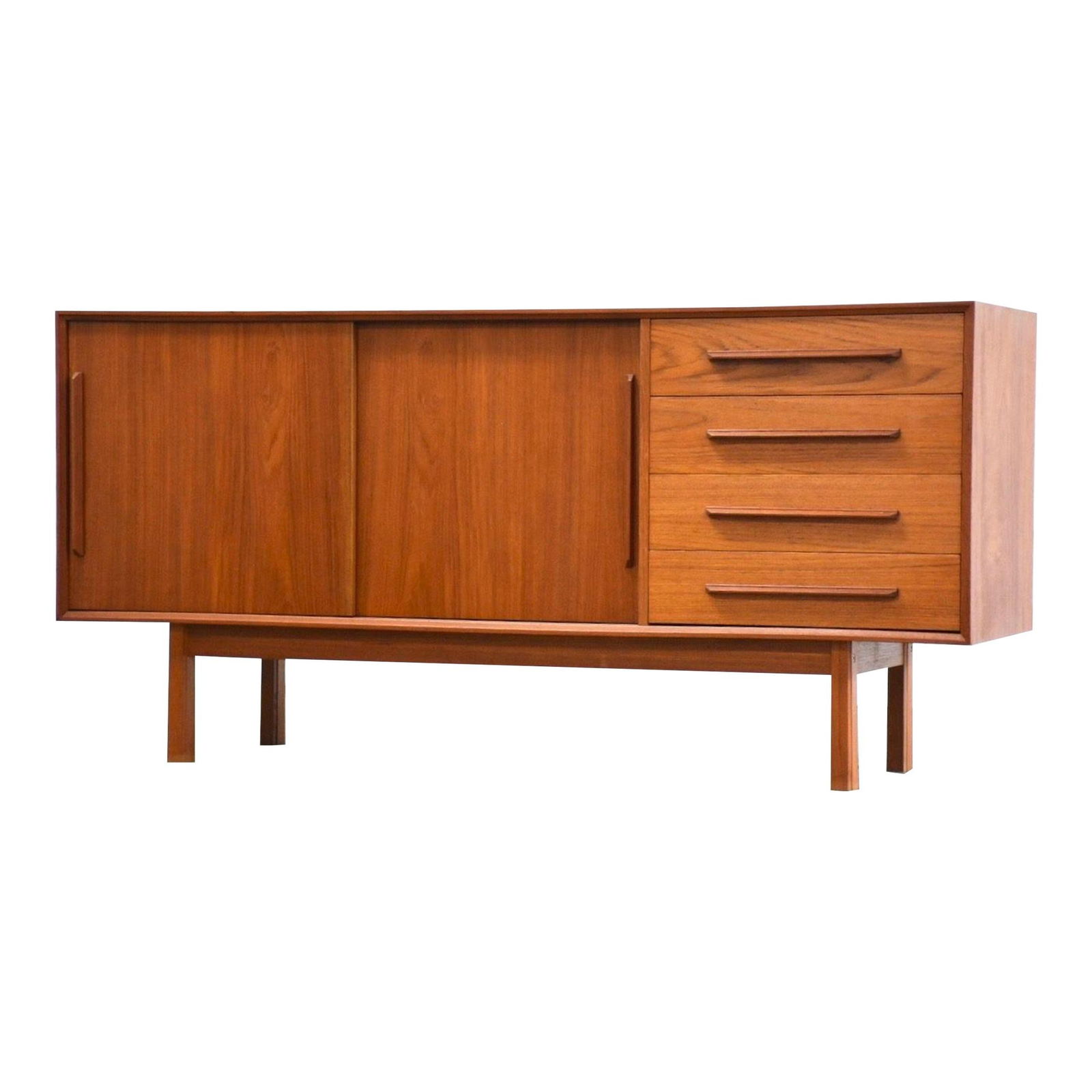 1960s Danish Modern Teak Credenza with Sliding Doors and Drawers: 1960s Danish Modern Teak Credenza with Sliding Doors and Drawers Experience the elegance of mid-century design with this 1960s Danish Modern teak credenza. Crafted from high-quality teak, this piece f