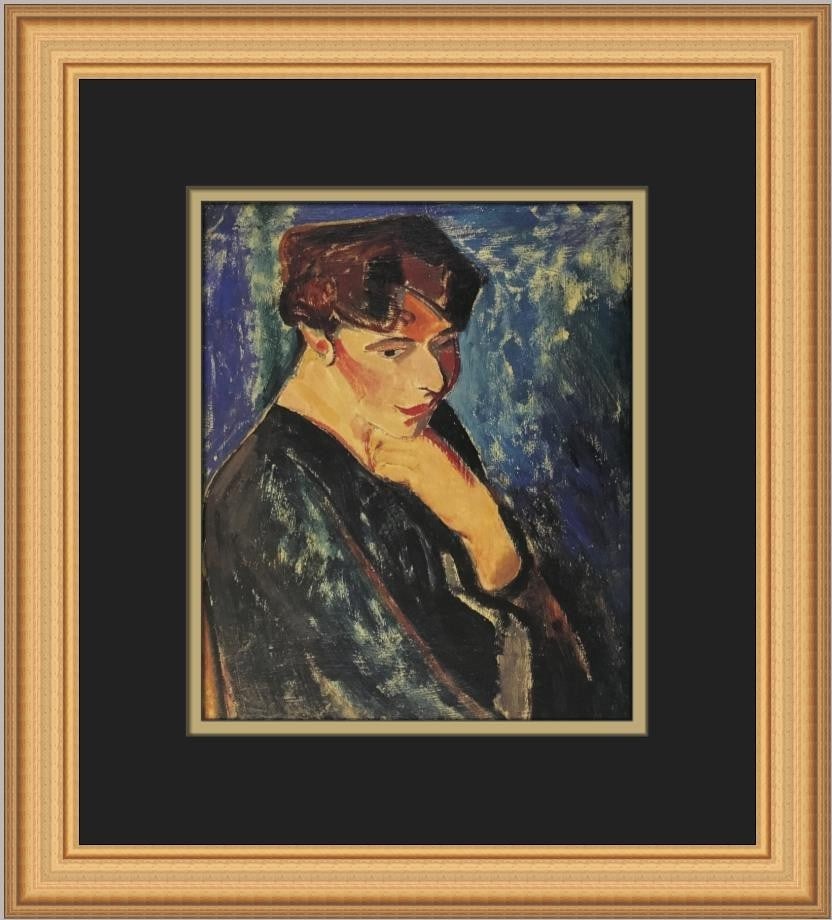 Alfred H Maurer Woman with Blue Background Custom Framed Art Print: Alfred H Maurer Woman with Blue Background Custom Framed Art Print Discover the elegance of Alfred H Maurer's 'Woman with Blue Background', a medium-sized custom framed print that captures the essence