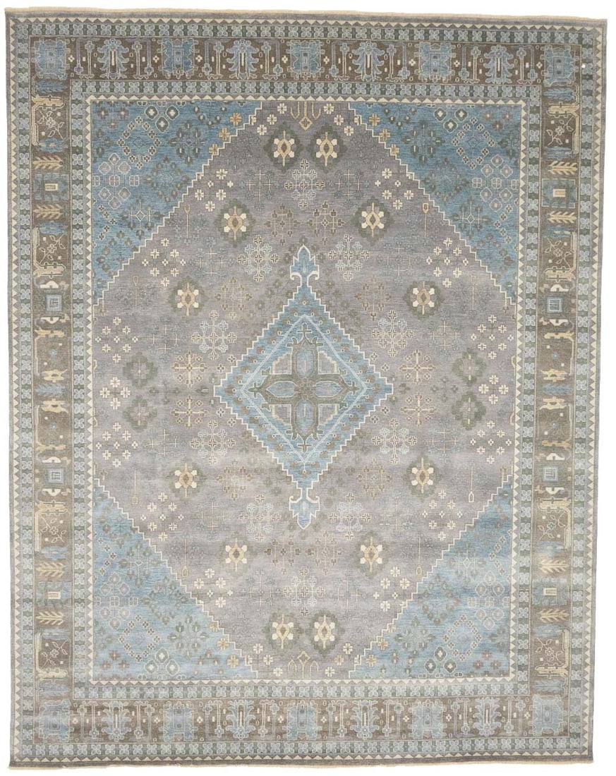 Hand-Knotted Wool 12x15 Geometric Tribal Area Rug Modern Oversized Carpet: Hand-Knotted Wool 12x15 Geometric Tribal Area Rug Modern Oversized Carpet This oversized hand-knotted Oriental rug features a muted tribal geometric pattern in shades of gray-blue, taupe, ivory, and g