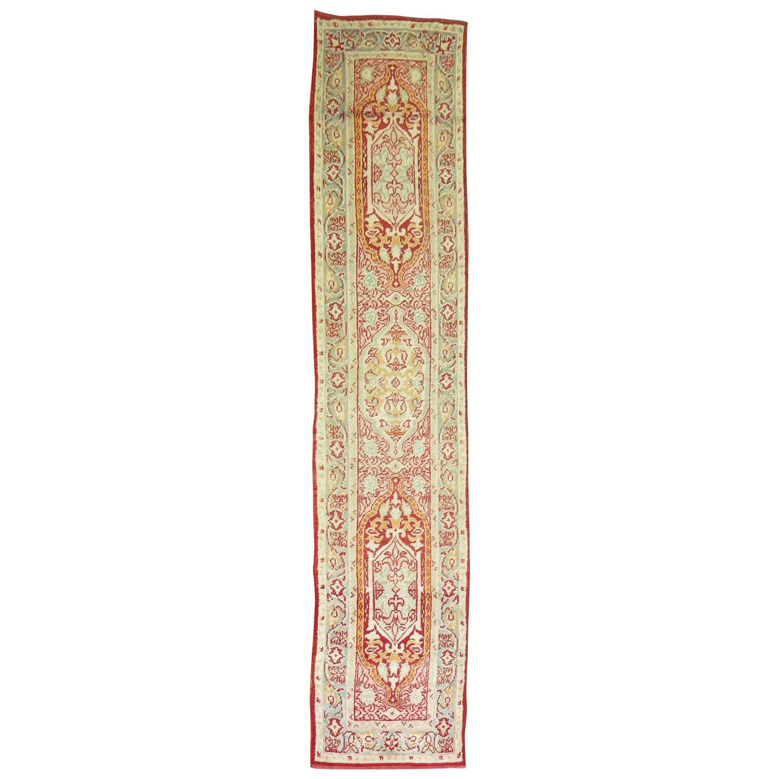 33x156 Inch Early 20th Century Turkish Oushak Wool Runner with Medallion Design: 33x156 Inch Early 20th Century Turkish Oushak Wool Runner with Medallion Design This early 20th century Turkish Oushak runner is elegantly hand-woven in wool, featuring three medallions set against a
