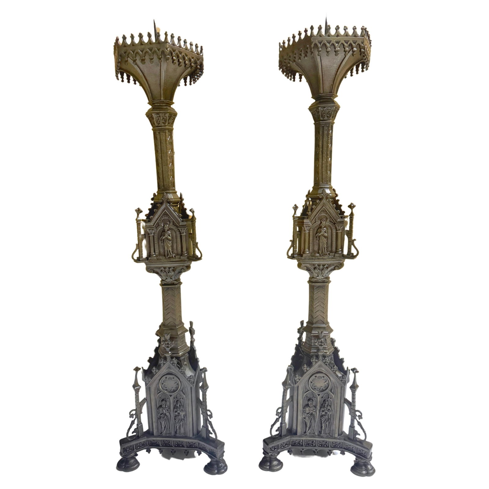 19th Century French Gothic Revival Bronzed Zinc Candlestick Set of 2: 19th Century French Gothic Revival Bronzed Zinc Candlestick Set of 2 This remarkable pair of 19th-century French bronzed zinc Gothic architectural altar/pricket candlesticks, dating back to the 1870s,