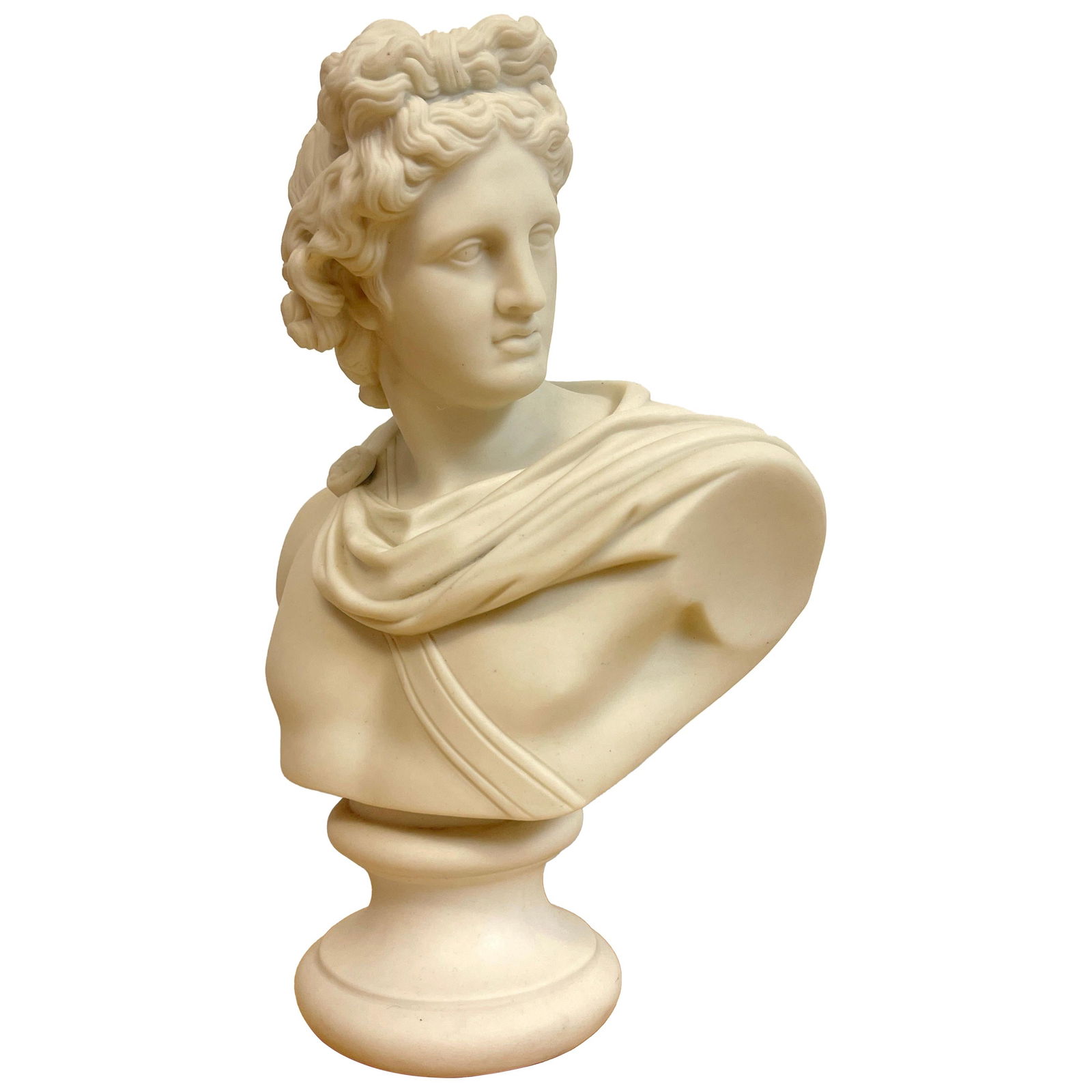 19th Century English Parian Bust of Apollo Belvedere Ceramic: 19th Century English Parian Bust of Apollo Belvedere Ceramic This exquisite 19th Century English diminutive Parian bust of Apollo Belvedere showcases the artistry of the late 1800s. Crafted from ceram
