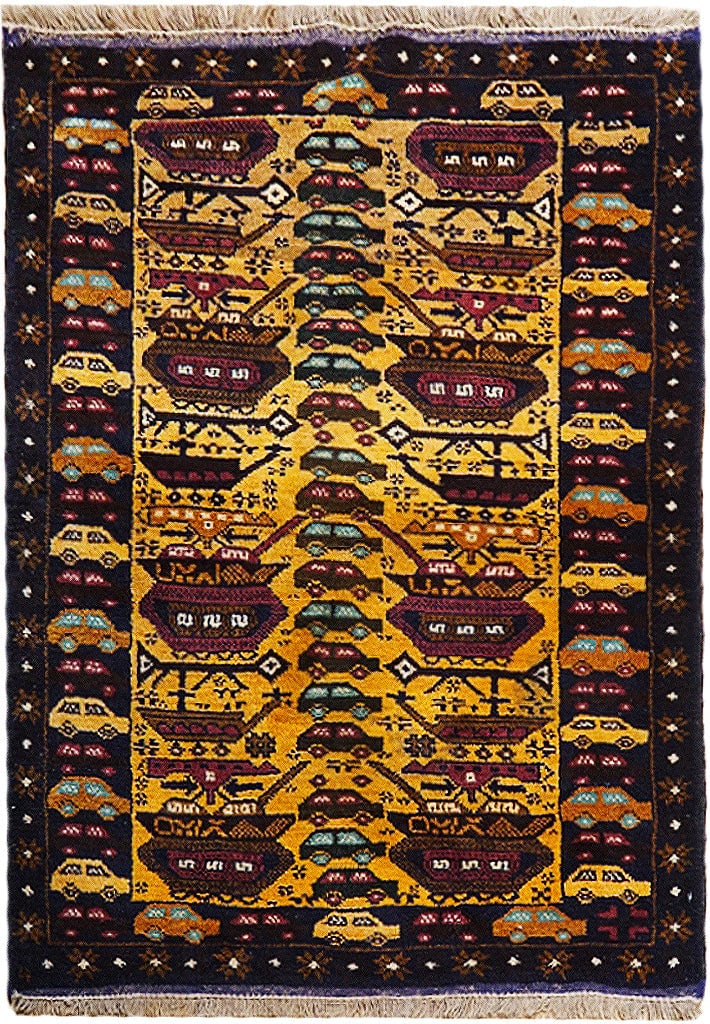 Vibrant 2.11 x 4.7 Afghani Wool Tribal War Rug Handmade: Vibrant 2.11 x 4.7 Afghani Wool Tribal War Rug Handmade Free continental US Shipping Enhance your living space with this stunning Afghani Wool Tribal War Rug, featuring vibrant yellow and eggplant pur