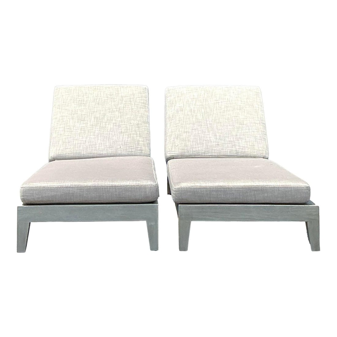 Pair of Vintage RH Balmain Teak Chaise Lounges in Grey Finish: Pair of Vintage RH Balmain Teak Chaise Lounges in Grey Finish Elevate your outdoor living space with this stunning pair of "Balmain" chaise lounges, expertly crafted from solid teak in a weathered gre