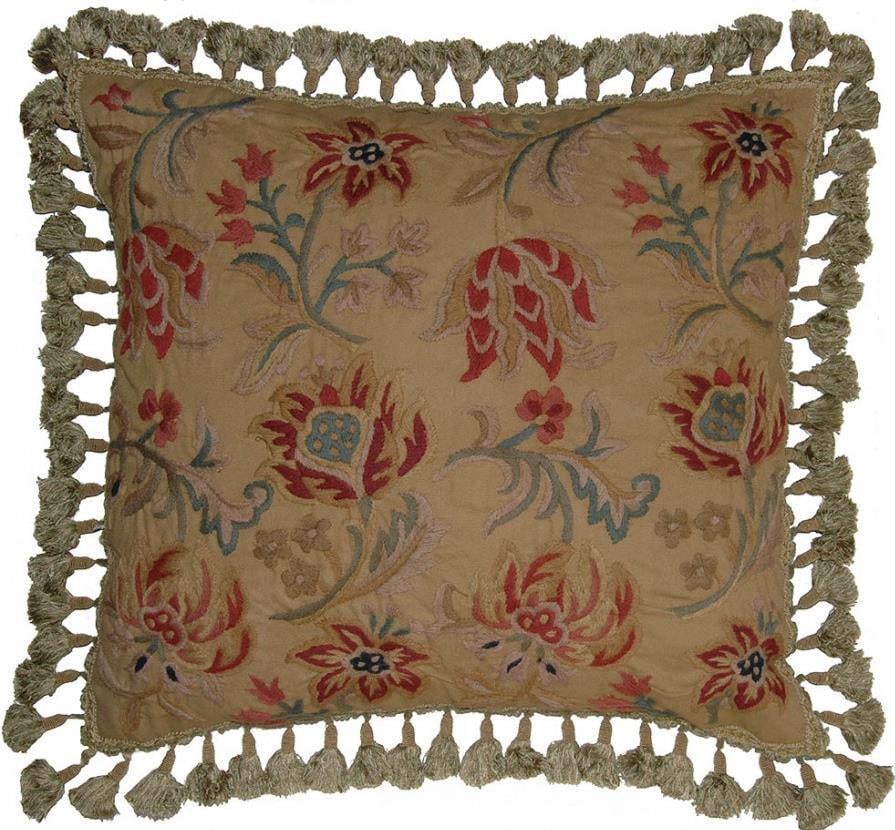Provence Home Folk Art Embroidered Throw Pillow 21x21 Tan Canvas (1 of 1)