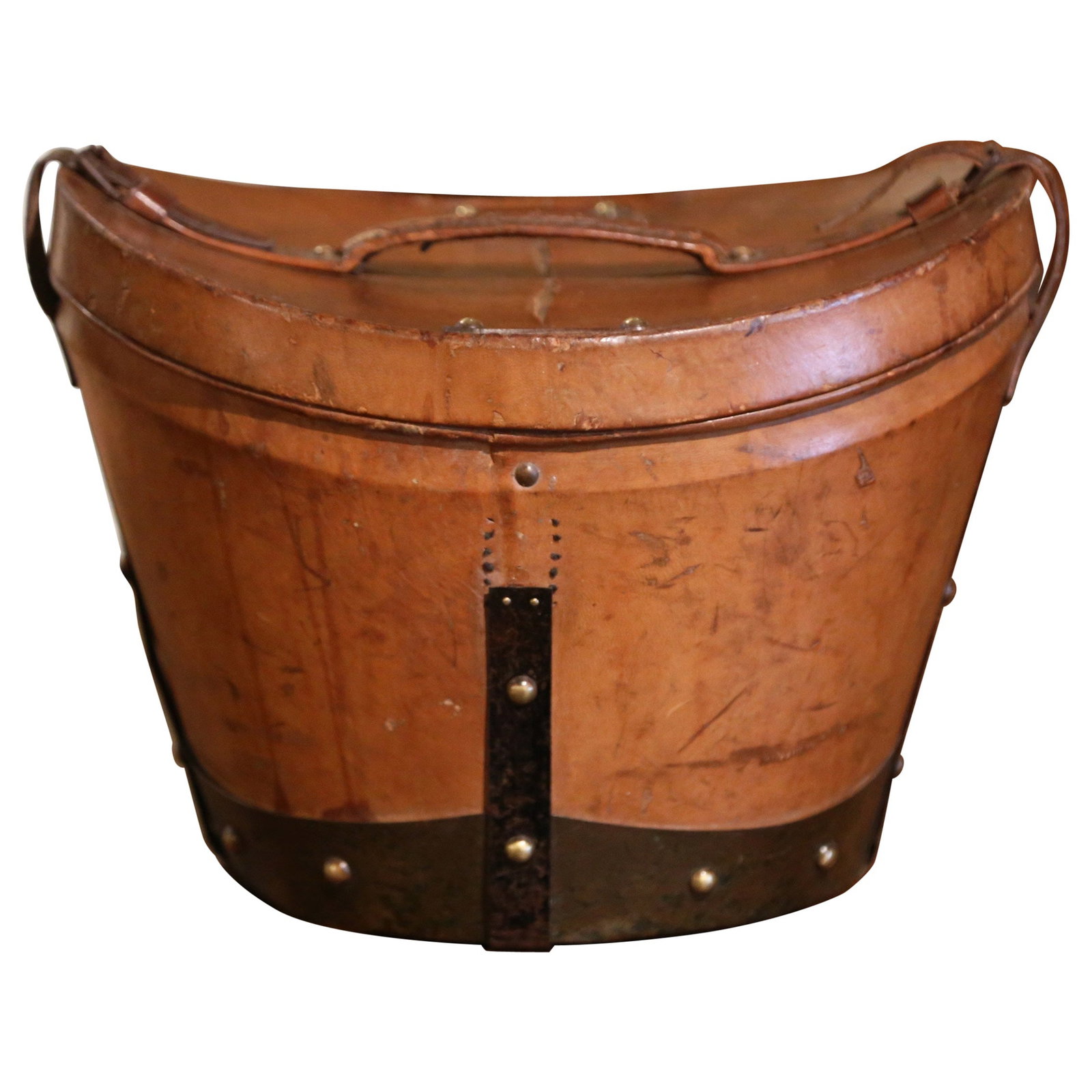 French Pigskin Leather Oval Hat Box with Original Top Hat Circa 1870: French Pigskin Leather Oval Hat Box with Original Top Hat Circa 1870 This mid-19th century French oval hat box, crafted circa 1870 in Rouen, is made from pigskin leather with a rich brown patinated fi
