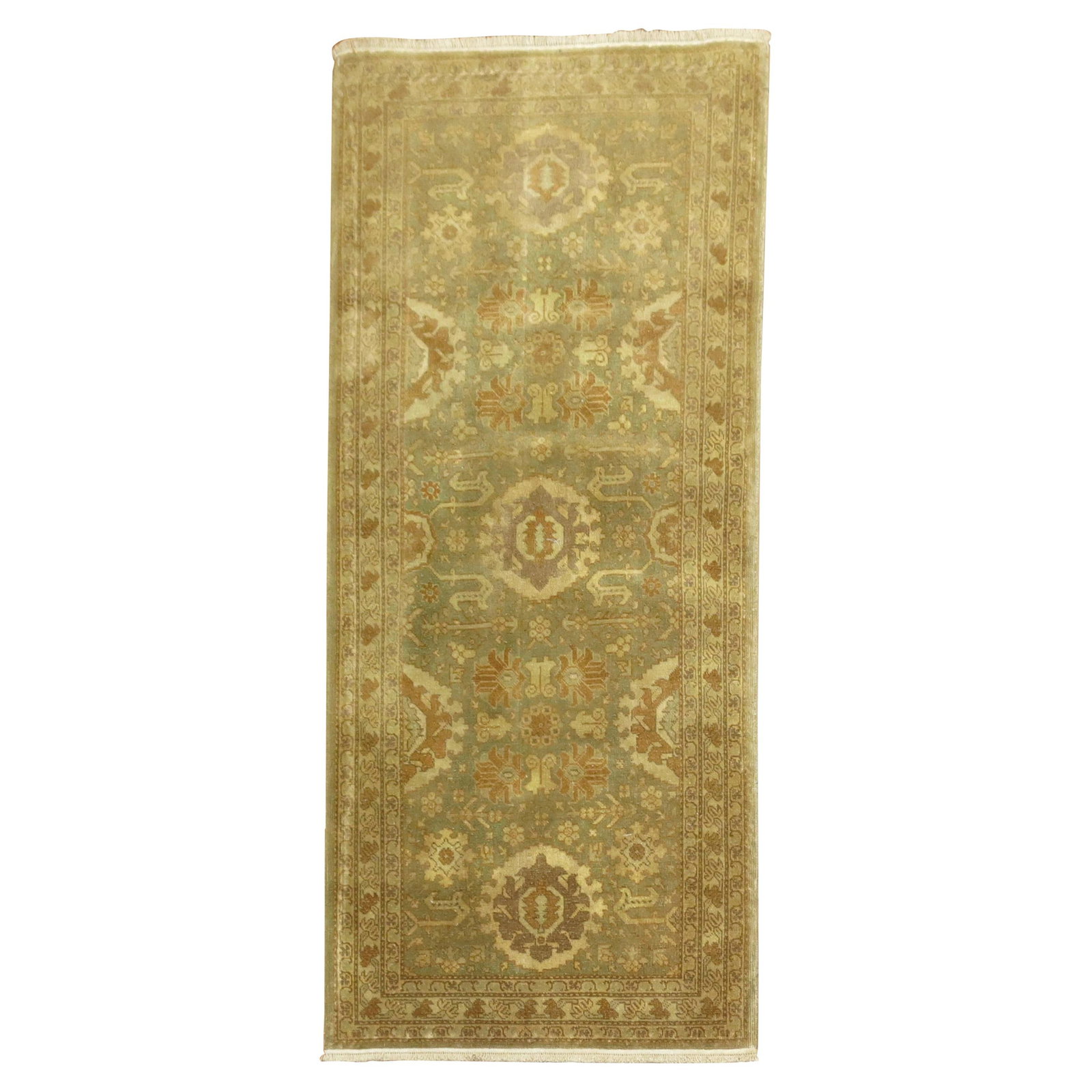 Mid-20th Century Malayer Wool Green and Gold Persian Tabriz Rug 2' x 4'3": Mid-20th Century Malayer Wool Green and Gold Persian Tabriz Rug 2' x 4'3" This exquisite small Persian Tabriz rug showcases a beautiful blend of green, brown, and gold hues, reflecting the rich crafts