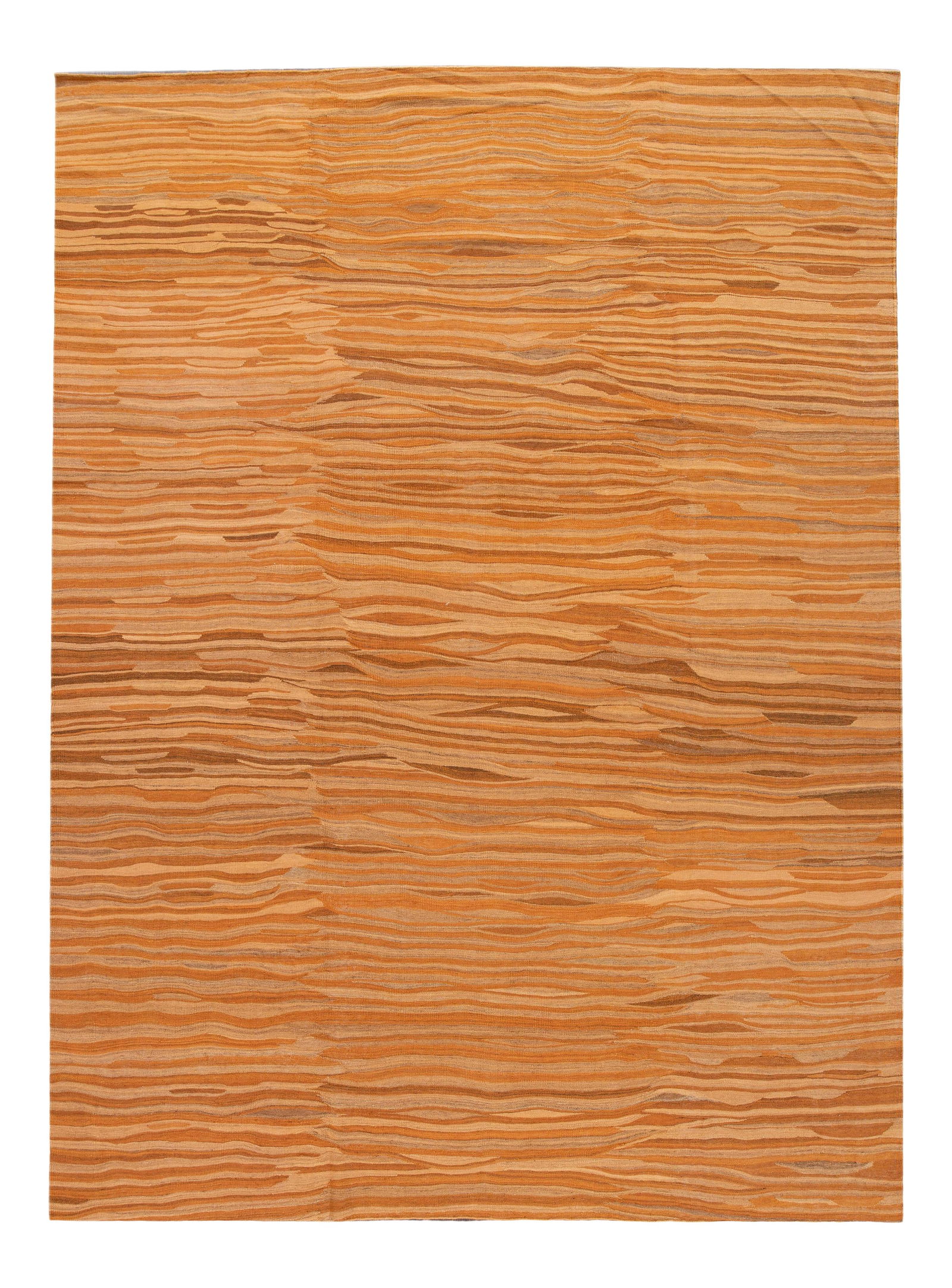 Hand-Knotted Modern Kilim Wool Rug Orange Accents 9'6 x 13': Hand-Knotted Modern Kilim Wool Rug Orange Accents 9'6 x 13' This exquisite hand-knotted modern Kilim rug showcases a stunning orange field accented with rich brown tones, embodying contemporary design