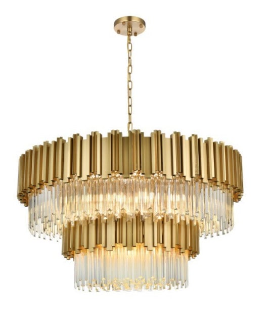 Willow 16-Light Satin Gold and Crystal 40 Inch Modern Chandelier for Entry or Dining: Willow 16-Light Satin Gold and Crystal 40 Inch Modern Chandelier for Entry or Dining This large modern chandelier features a satin gold finish frame with clear royal cut crystals, providing an elegant