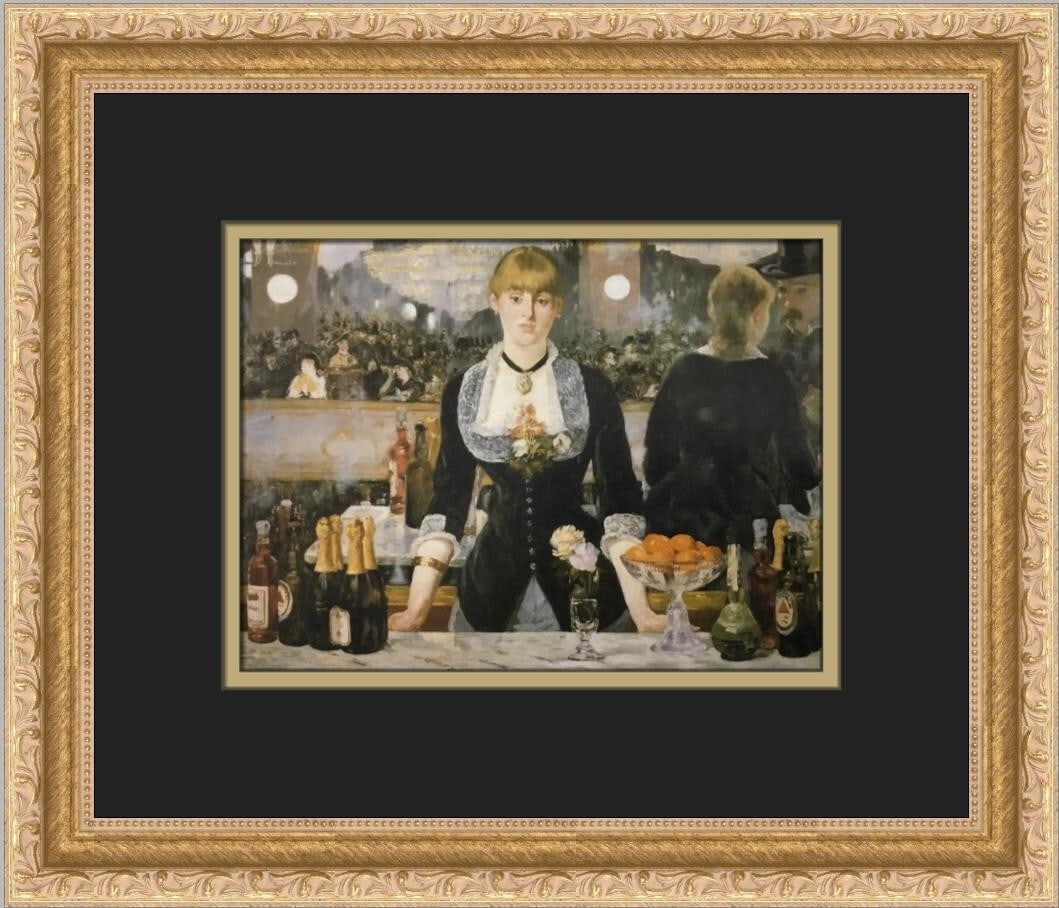 Edouard Manet A Bar at the Folies-Bergere Custom Framed Art Print: Edouard Manet A Bar at the Folies-Bergere Custom Framed Art Print This exquisite custom framed print features Edouard Manet's iconic artwork, "A Bar at the Folies-Bergere." Measuring 12 inches by 14 i