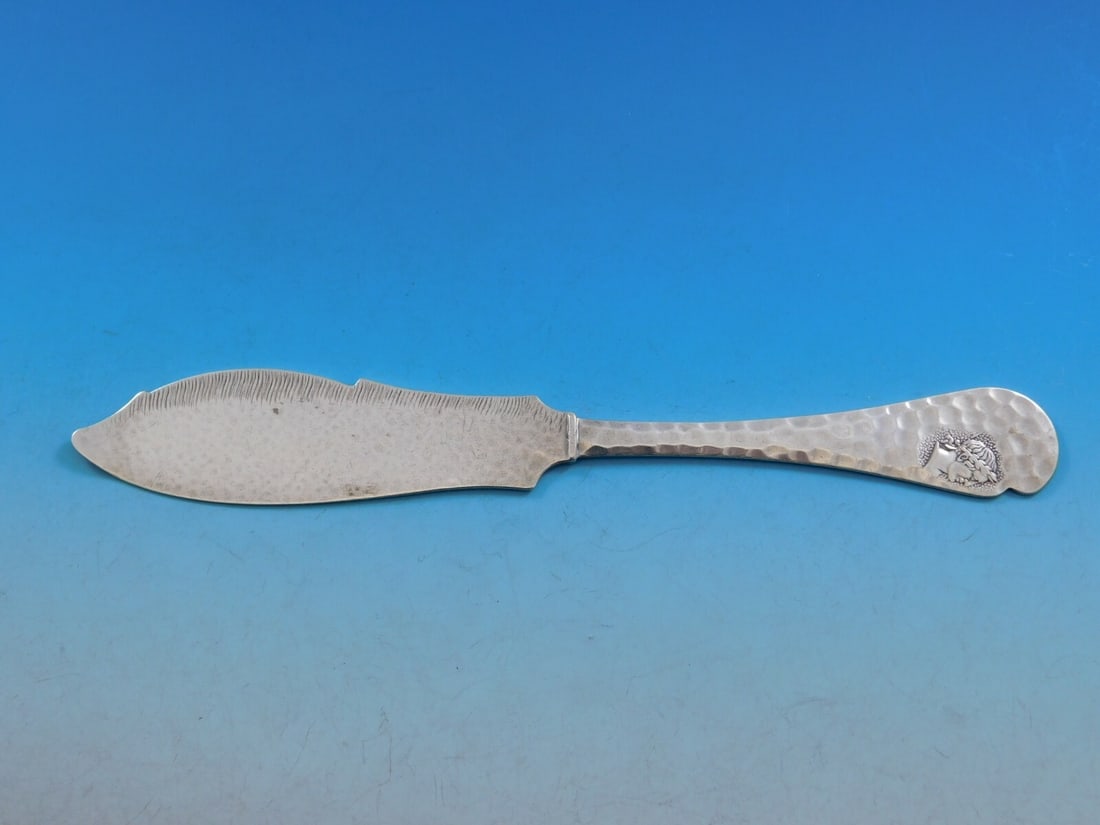 Wood & Hughes Sterling Silver Fish Knife Medallion Pattern Monogrammed S 7 5/8": Wood & Hughes Sterling Silver Fish Knife Medallion Pattern Monogrammed S 7 5/8" This exquisite fish knife, crafted by Wood & Hughes, showcases the elegant Medallion pattern. Made of high-quality sterl