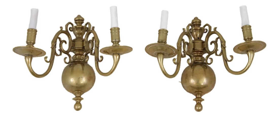 Set of Two Brass Electrified Colonial Williamsburg Style Wall Candelabra Sconces: Set of Two Brass Electrified Colonial Williamsburg Style Wall Candelabra Sconces This pair of vintage Colonial Williamsburg style candelabra wall sconces features a classic design crafted from solid b