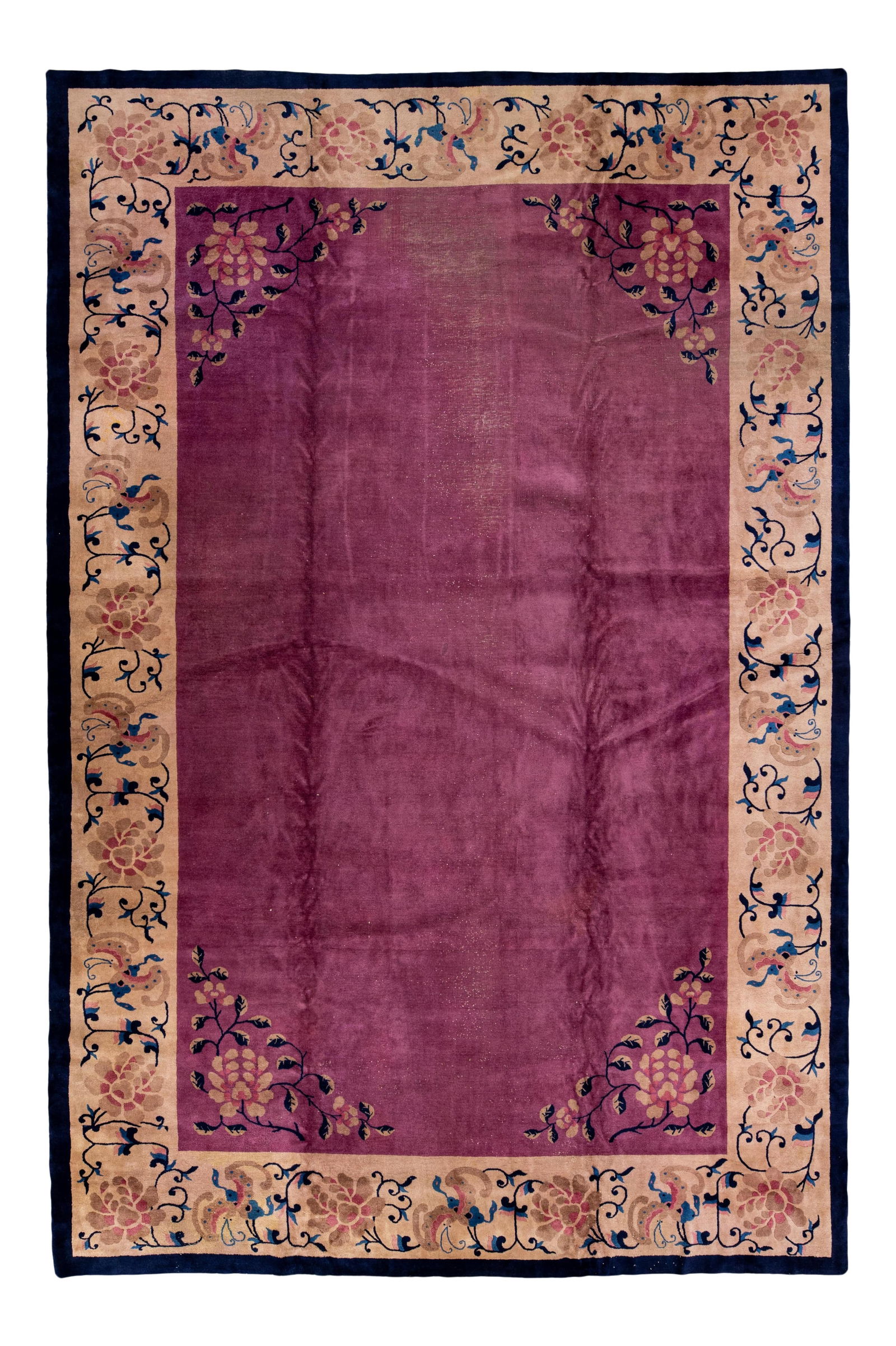 Antique Chinese Art Deco Handmade Wool Rug Floral Design 11'11 x 19'2: Antique Chinese Art Deco Handmade Wool Rug Floral Design 11'11 x 19'2 Discover the elegance of this oversized antique Chinese Art Deco wool rug, meticulously hand-knotted to showcase a stunning floral