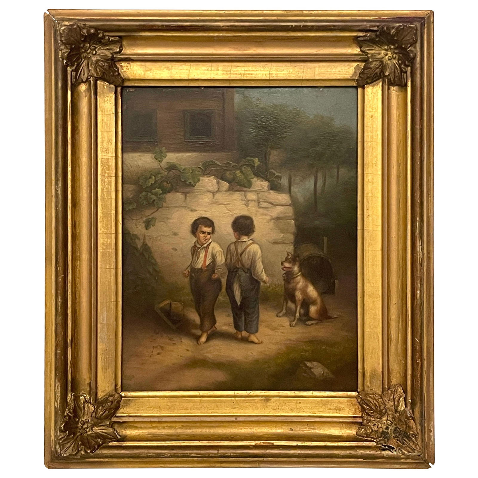 19th Century French Oil Painting Backyard Fight Giltwood Frame: 19th Century French Oil Painting Backyard Fight Giltwood Frame This exquisite 19th-century French painting titled 'Backyard Fight' is a delightful representation of genre art, showcasing two boys in a