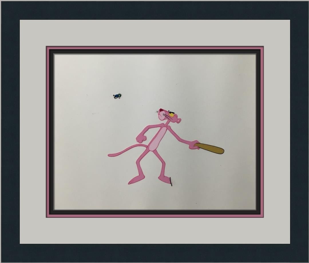 Hand Painted Animation Cel Pink Panther Swatting Fly Framed 1969 Art: Hand Painted Animation Cel Pink Panther Swatting Fly Framed 1969 Art This is an original hand-painted animation production cel from the 1969 Pink Panther series, created by DePatie-Freleng Enterprises