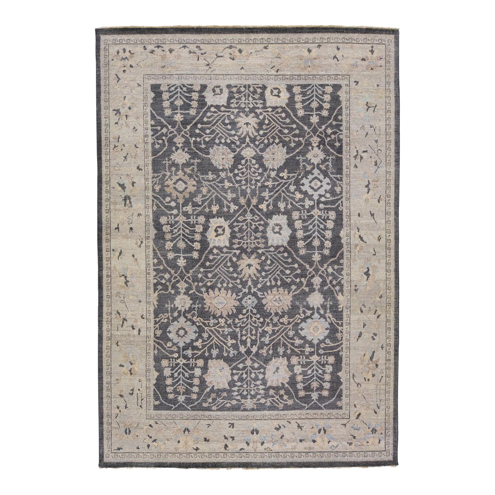 Artisan Handmade Charcoal Floral Wool Rug 8'7 x 12'3: Artisan Handmade Charcoal Floral Wool Rug 8'7 x 12'3 Transform your living space with this exquisite handmade wool rug from the Artisan Collection. Featuring a stunning all-over floral design in a sop