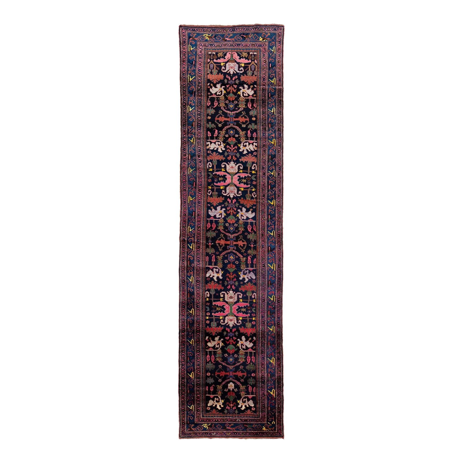 1900s Handmade Persian Malayer Wool Runner Rug Multicolor Navy Blue: 1900s Handmade Persian Malayer Wool Runner Rug Multicolor Navy Blue This exquisite Persian Malayer wool runner rug is a handmade masterpiece from the 1900s. Featuring a stunning navy blue field adorne