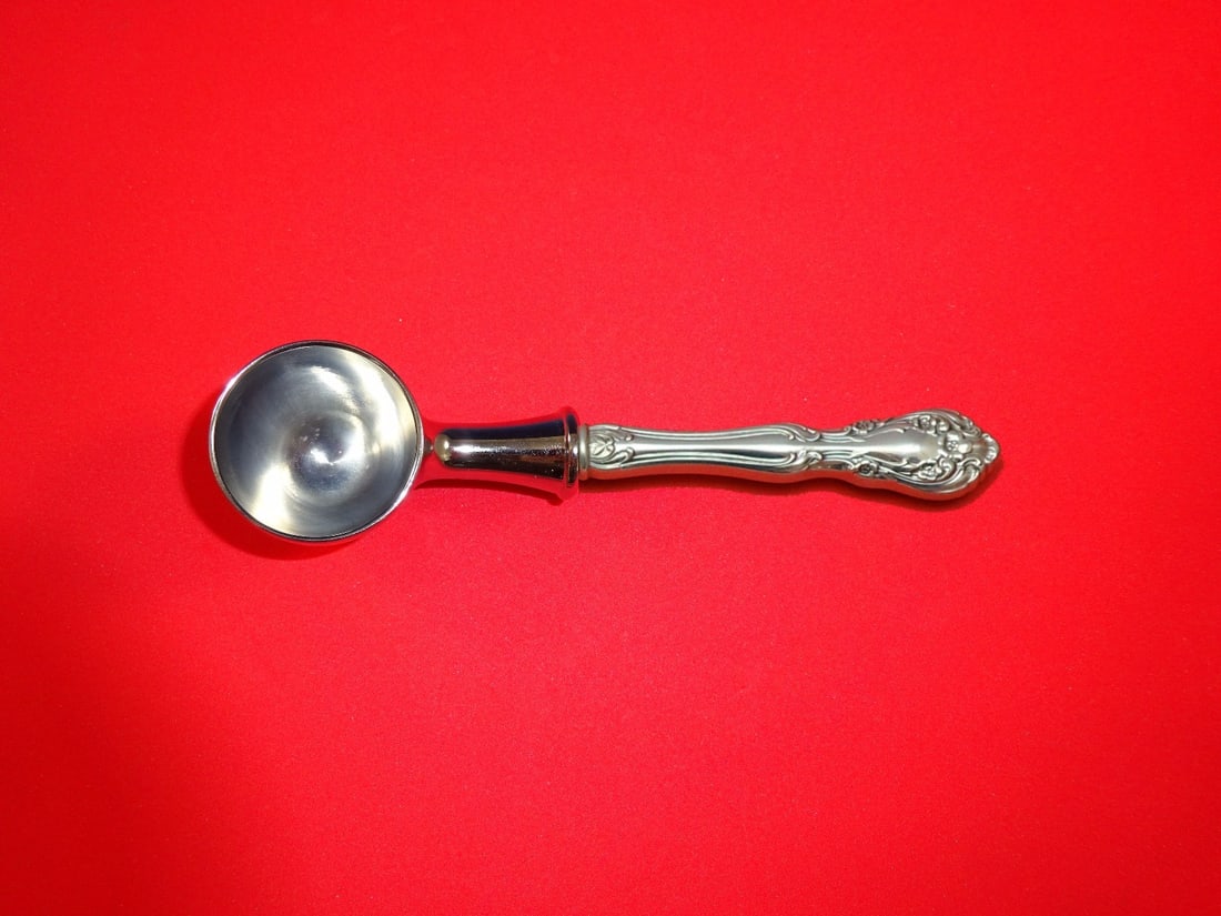 Alvin Chateau Rose Sterling Silver Custom Coffee Scoop 6": Alvin Chateau Rose Sterling Silver Custom Coffee Scoop 6" This exquisite coffee scoop is a custom-made piece from the renowned Alvin brand, featuring the elegant Chateau Rose pattern. Crafted from hig