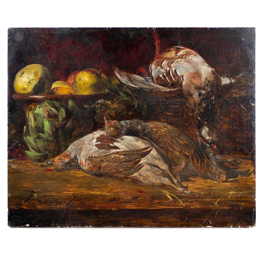 Paul Frederich Meyerheim Still Life with Fowl Painting 1888 Oil on Board Signed Germany: Paul Frederich Meyerheim Still Life with Fowl Painting 1888 Oil on Board Signed Germany This exquisite oil painting, titled 'Still Life with Fowl' by Paul Frederich Meyerheim, dates back to 1888. The