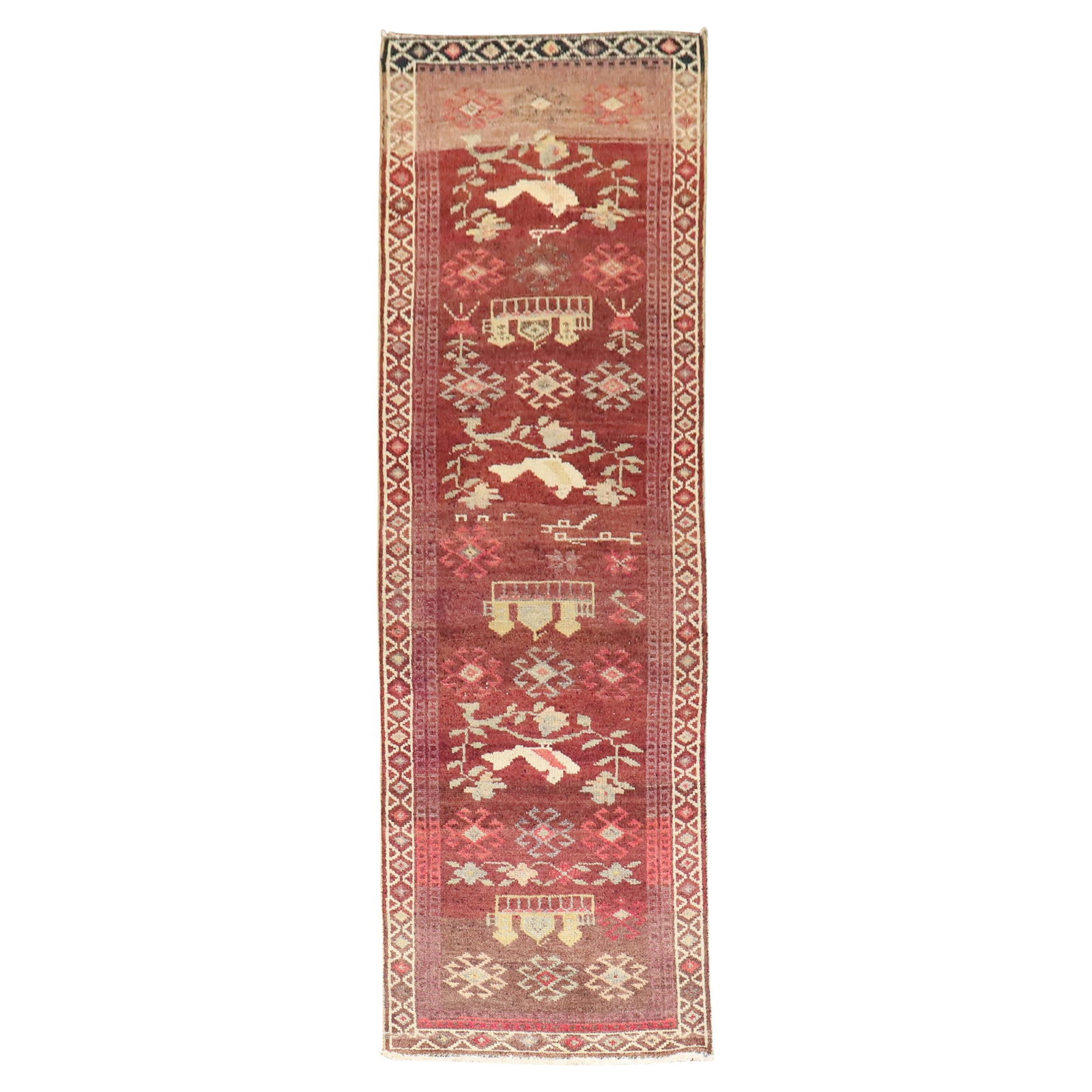 Vintage Turkish Anatolian Runner with Pigeons 3'1'' x 11'3'' Wool Beaux Arts: Vintage Turkish Anatolian Runner with Pigeons 3'1'' x 11'3'' Wool Beaux Arts This stunning vintage Turkish Anatolian runner showcases exquisite craftsmanship with a Beaux Arts style. Hand-woven from h