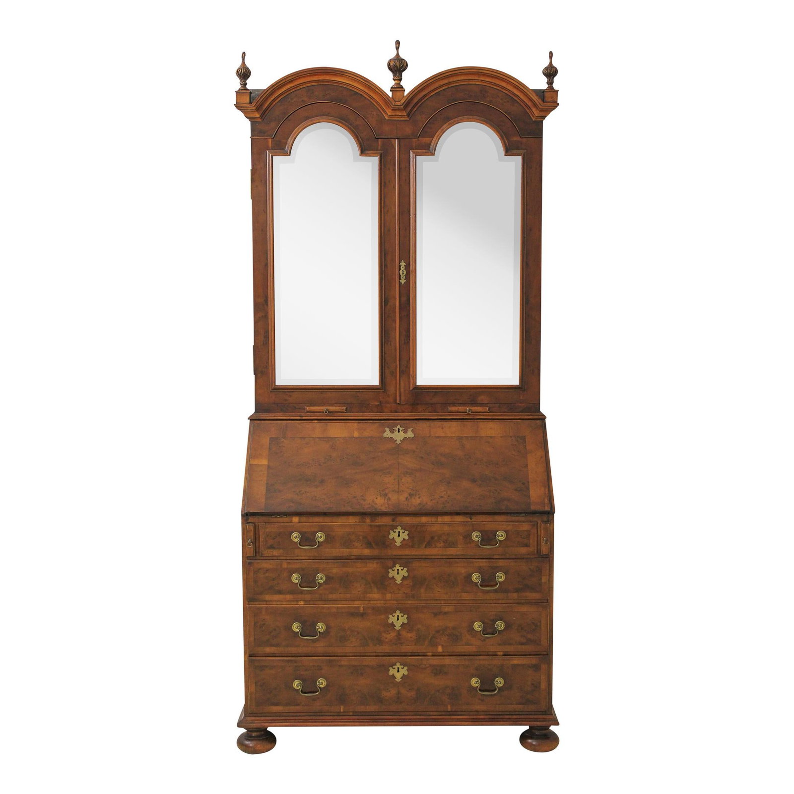 18th Century George III Burl Walnut Secretary Desk with Bonnet Top: 18th Century George III Burl Walnut Secretary Desk with Bonnet Top This exquisite Antique English George III Secretary Desk dates back approximately 200 years, showcasing the elegance of the 18th cent