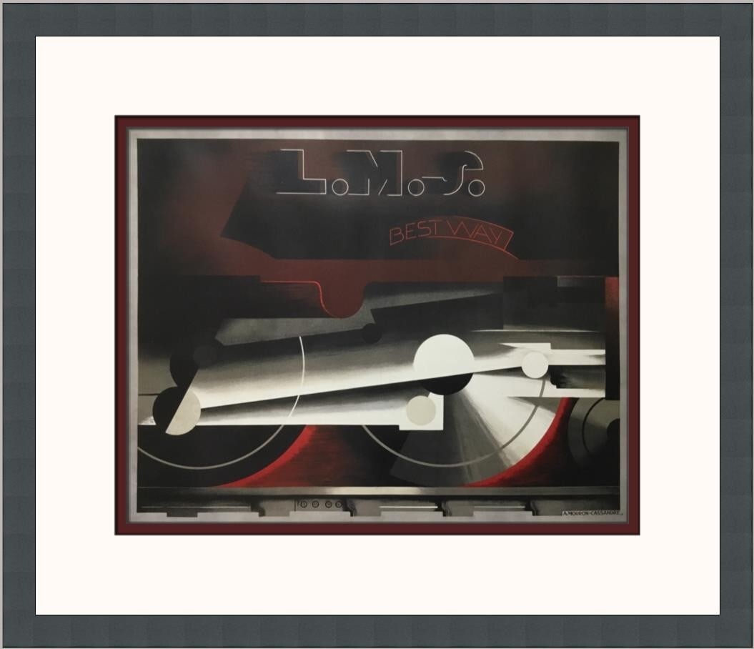 A.M. Cassandre L.M.S. Railroad Art Deco Print Custom Framed 13 x 17: A.M. Cassandre L.M.S. Railroad Art Deco Print Custom Framed 13 x 17 This stunning A.M. Cassandre L.M.S. Railroad custom framed advertising print is a remarkable representation of Art Deco style. Measu