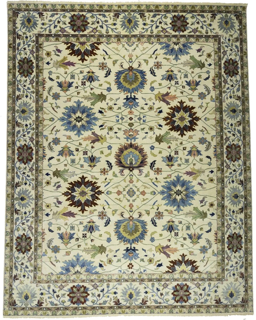 Hand-Knotted Cream Peshawar Chobi Floral Rug 12'0 x 15'2 Eco-Friendly Wool: Hand-Knotted Cream Peshawar Chobi Floral Rug 12'0 x 15'2 Eco-Friendly Wool Elevate your living space with this exquisite hand-knotted cream Peshawar Chobi rug, featuring a stunning floral design. Craf