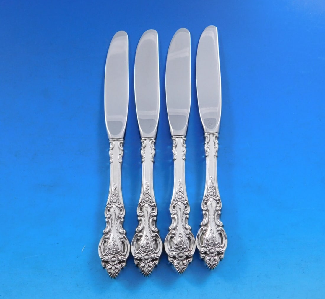 Wallace Grand Victorian Sterling Silver Butter Spreader Set of 4: Wallace Grand Victorian Sterling Silver Butter Spreader Set of 4 Enhance your dining experience with this elegant set of 4 butter spreaders from the Grand Victorian pattern by Wallace. Crafted from hi
