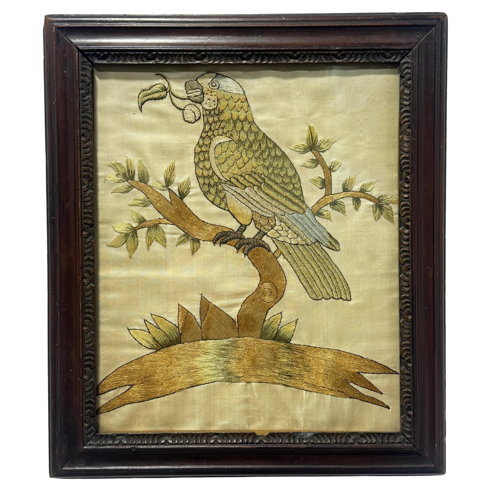 Victorian English Silk Needlework Panel Featuring Parrot Motif Circa 1890: Victorian English Silk Needlework Panel Featuring Parrot Motif Circa 1890 This antique English embroidered silk panel from circa 1890 features a parrot perched on a branching limb. Meticulously crafte
