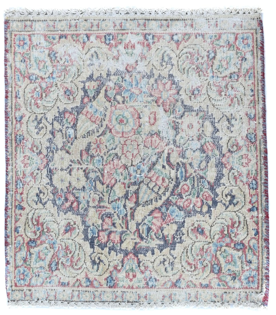 Vintage Floral Hand-Knotted Oriental Rug 1'7 x 1'8 ft: Vintage Floral Hand-Knotted Oriental Rug 1'7 x 1'8 ft Enhance your space with this Semi-Antique Distressed Oriental Rug, featuring a muted floral pattern in a harmonious blend of cream, red, blue, bro