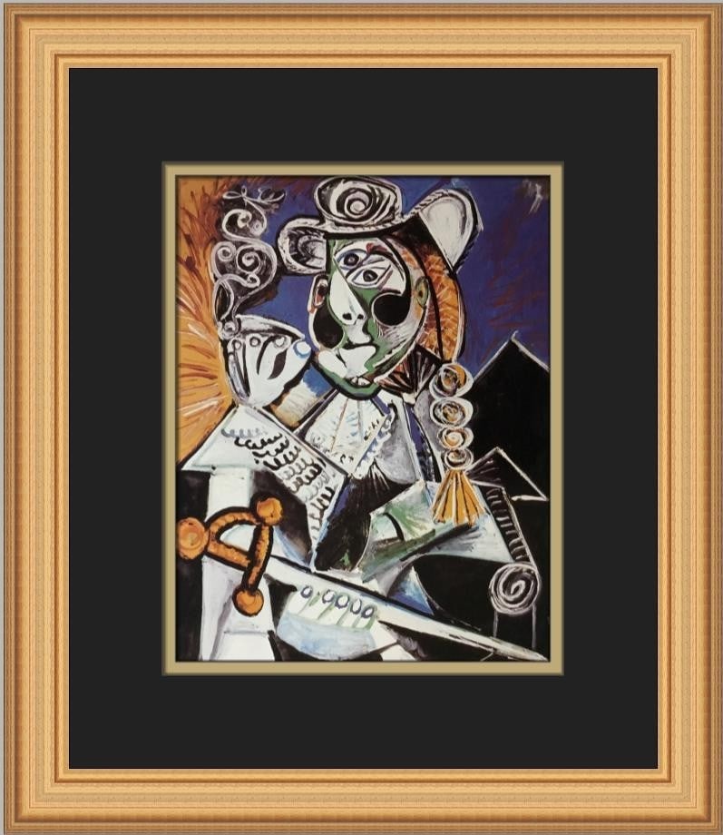 Pablo Picasso Cavalier with Pipe Custom Framed Art Print 15 x 13: Pablo Picasso Cavalier with Pipe Custom Framed Art Print 15 x 13 This stunning custom framed print titled "Cavalier with Pipe" by Pablo Picasso is a remarkable piece of abstract impressionism, showcas