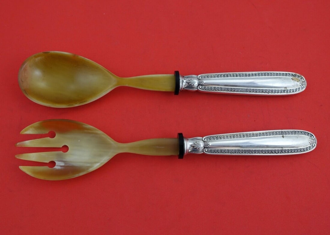 Empire Pattern .800 Silver Salad Serving Set with Bone Handles 9 1/4" (1 of 2)