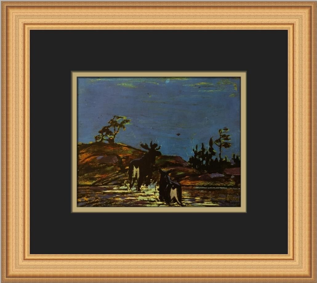 Tom Thompson Moose at Night Custom Framed Art Print 1983: Tom Thompson Moose at Night Custom Framed Art Print 1983 This stunning custom framed print titled "Moose at Night" by artist Tom Thompson captures the serene beauty of a moose in a nocturnal landscape