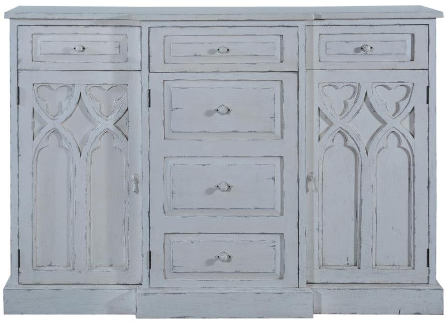 St Croix Gothic Style Console Cabinet Antiqued White: St Croix Gothic Style Console Cabinet Antiqued White This Gothic-Style Console Cabinet combines vintage charm with modern functionality. Crafted from solid wood, it features an antiqued white finish t