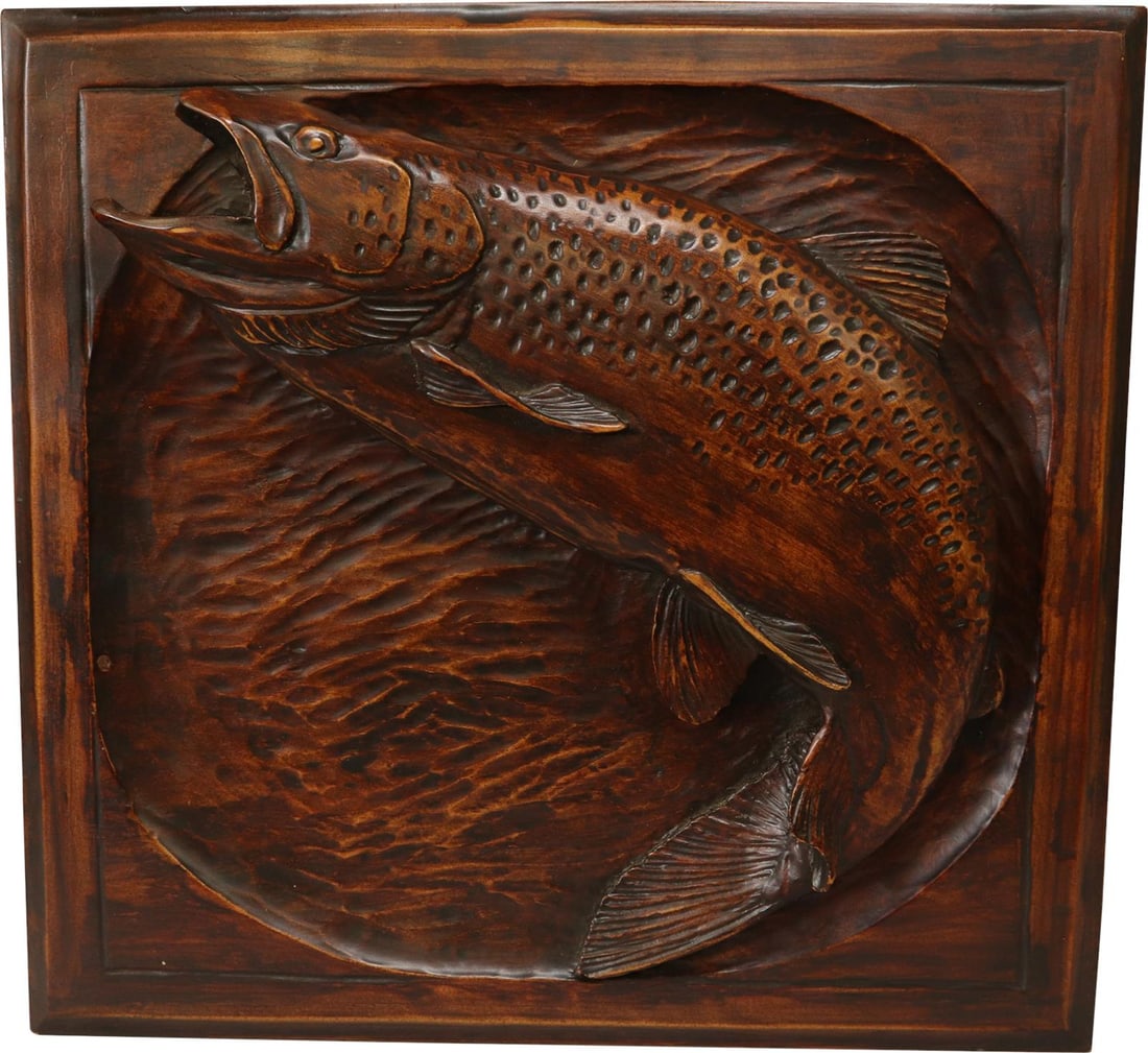 Rustic Lodge Style Trout Plaque Hand-Crafted Resin Artwork: Rustic Lodge Style Trout Plaque Hand-Crafted Resin Artwork Enhance your rustic decor with this exquisite hand-crafted trout plaque, depicting a stunning jumping rainbow trout. Made to order, this uniq