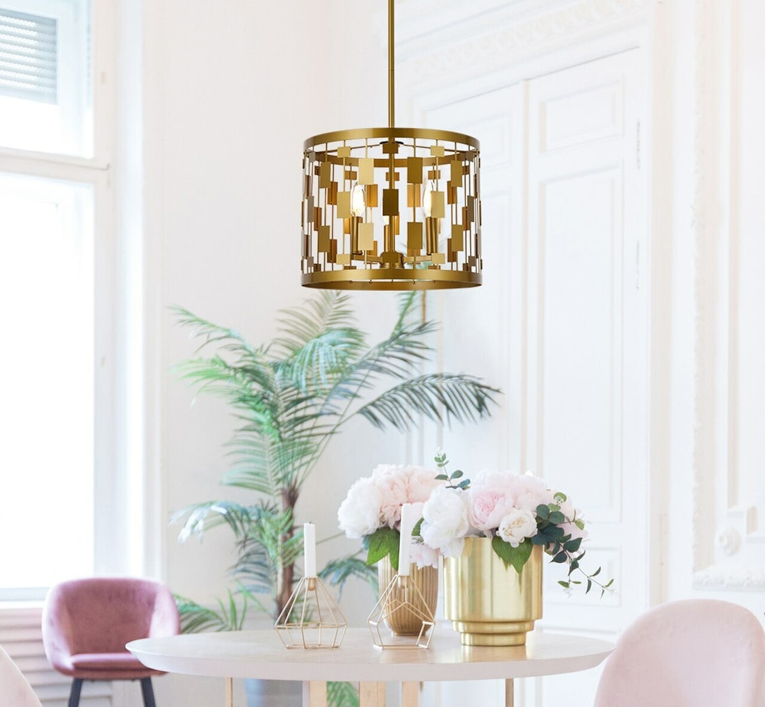 Levante Brass Three-Light Pendant Chandelier for Kitchen or Dining Room: Levante Brass Three-Light Pendant Chandelier for Kitchen or Dining Room This mid-century modern pendant chandelier features a round brass-finished shade and is designed for indoor use. With three down