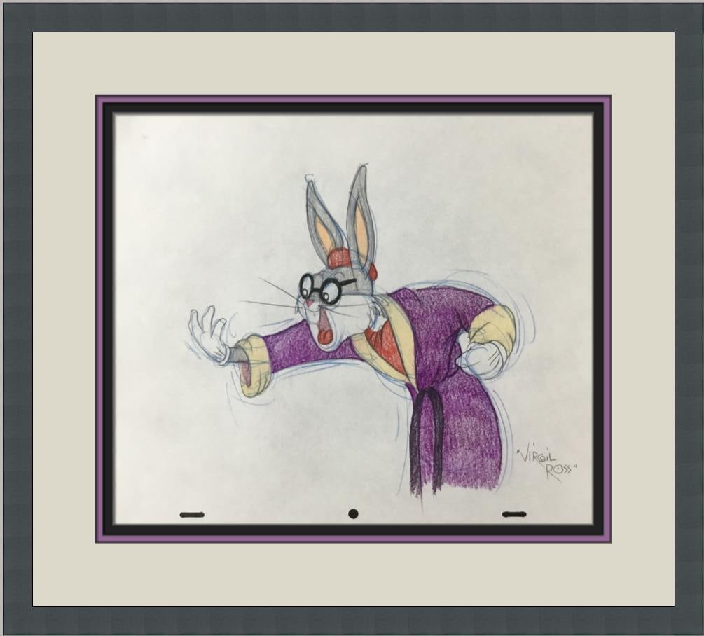 Signed Bugs Bunny Model Sheet by Virgil Ross Custom Framed: Signed Bugs Bunny Model Sheet by Virgil Ross Custom Framed This original model sheet drawing features the iconic character Bugs Bunny, masterfully illustrated by animator Virgil Ross. Rendered in colo