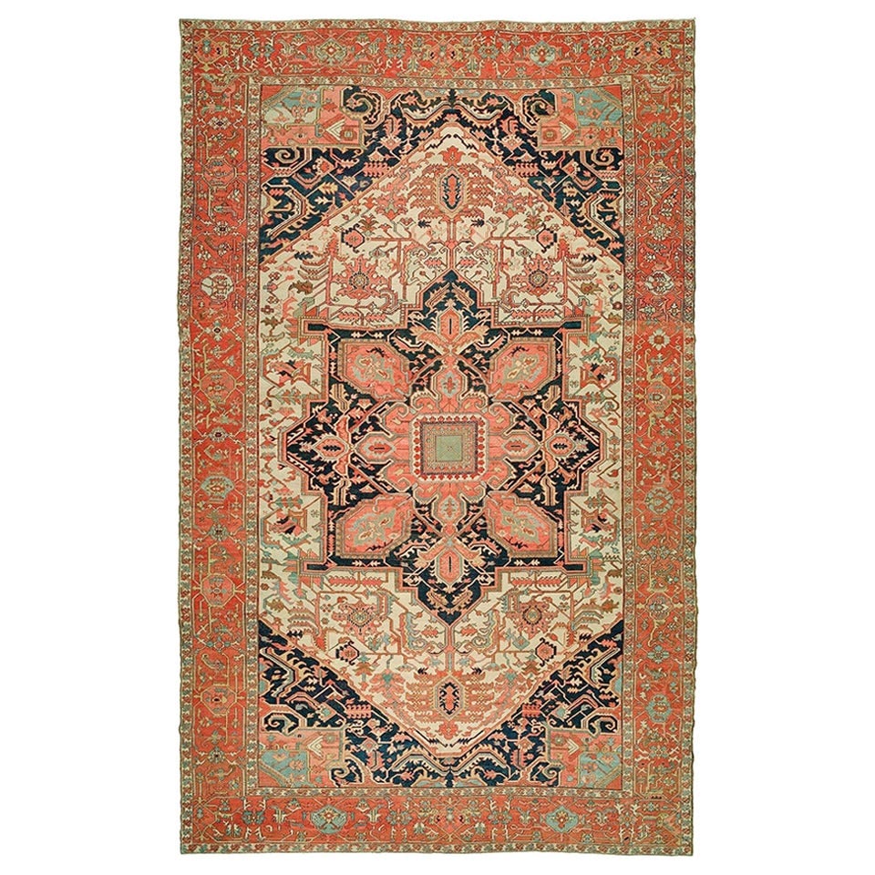 Antique Persian Heriz Serapi Rug 11'7 x 18'9 Hand-Knotted Wool Bakshaish Style: Antique Persian Heriz Serapi Rug 11'7 x 18'9 Hand-Knotted Wool Bakshaish Style Discover the beauty of this exquisite antique Persian Heriz Serapi rug, featuring a stunning ivory field that enhances an