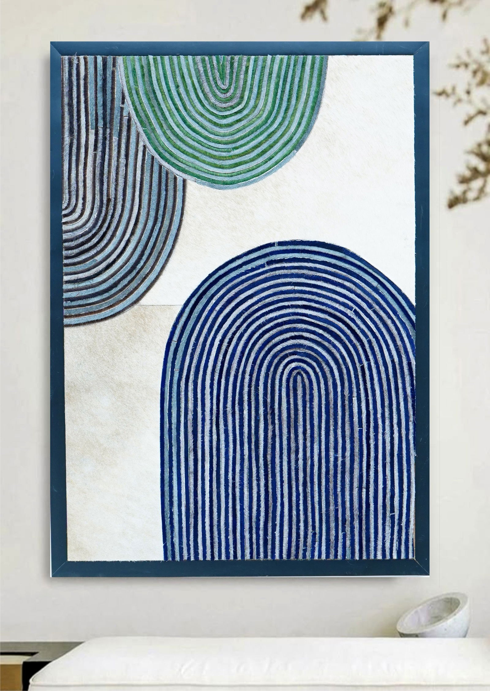 Handcrafted Geometric Blue Green Cowhide Mosaic Wall Art with Abstract Arches: Handcrafted Geometric Blue Green Cowhide Mosaic Wall Art with Abstract Arches Free continental US Shipping This wall art features a geometric abstract arch design, meticulously handcrafted from precis