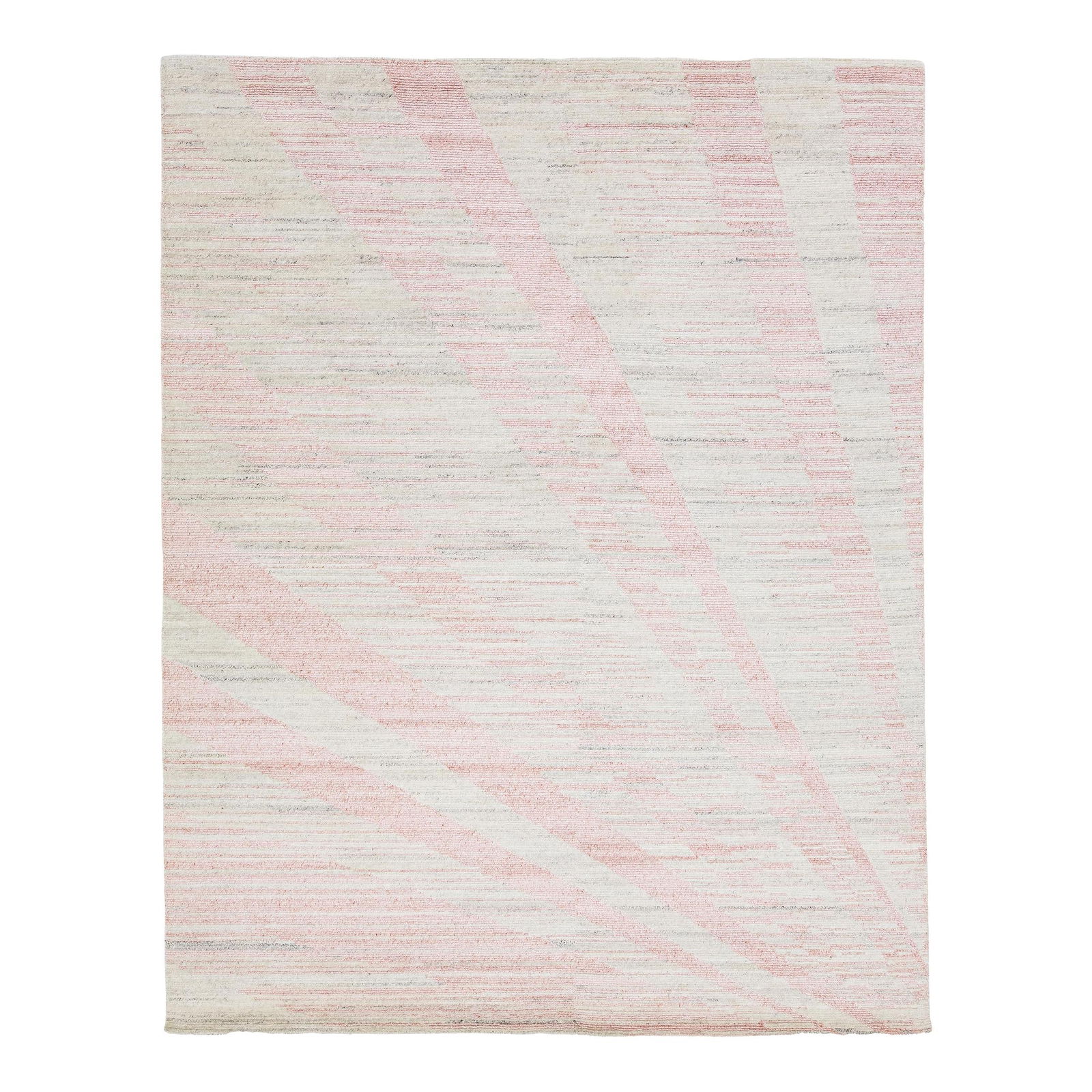 Handmade Wool Art Deco Rug Beige Pink 8' x 10'2: Handmade Wool Art Deco Rug Beige Pink 8' x 10'2 This exquisite handmade wool rug showcases a stunning Art Deco design characterized by a captivating abstract beige backdrop adorned with elegant pink e