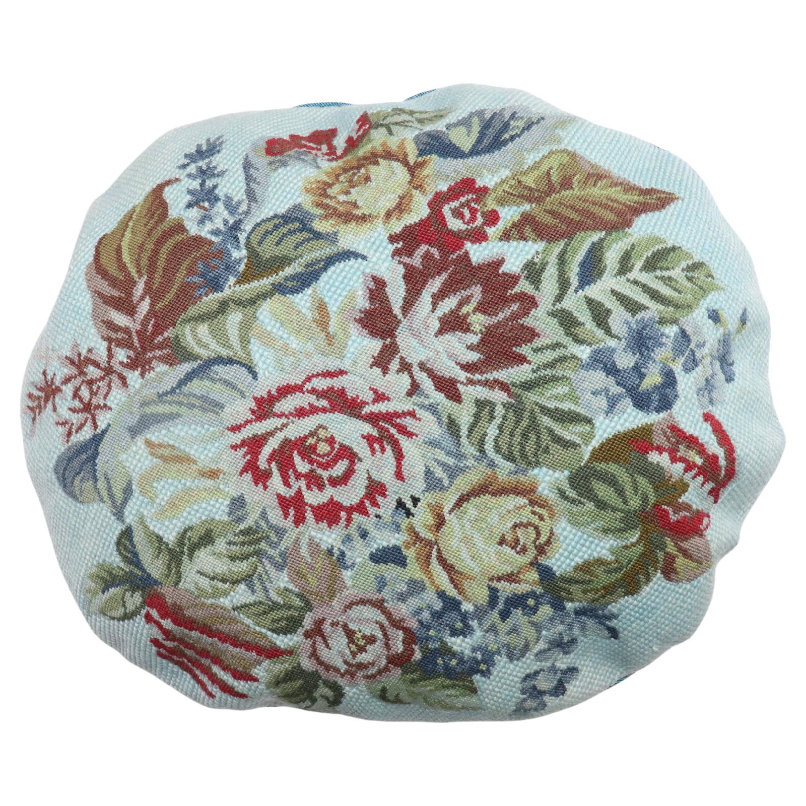 20th Century Aubusson Floral Needlepoint Round Pillow Blue Cotton Back: 20th Century Aubusson Floral Needlepoint Round Pillow Blue Cotton Back This exquisite round pillow features a stunning floral design, crafted from a 20th century French needlepoint. The pillow showcas
