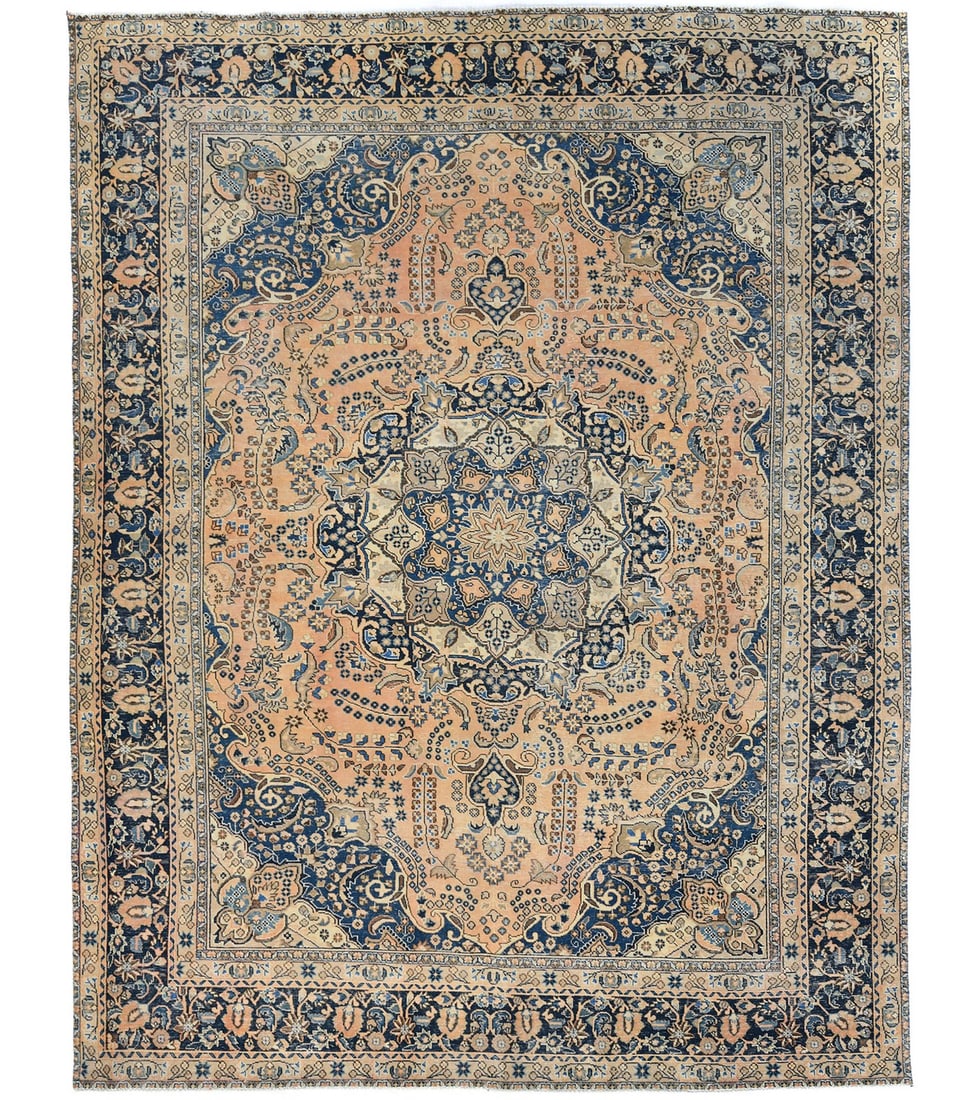 Handmade Vintage Oriental Rug 9'4 x 12'3 Distressed Wool Floral Design: Handmade Vintage Oriental Rug 9'4 x 12'3 Distressed Wool Floral Design Enhance your home decor with this stunning Handmade Semi-Antique Oriental Rug. Measuring 9'4" x 12'3", this area rug features a b
