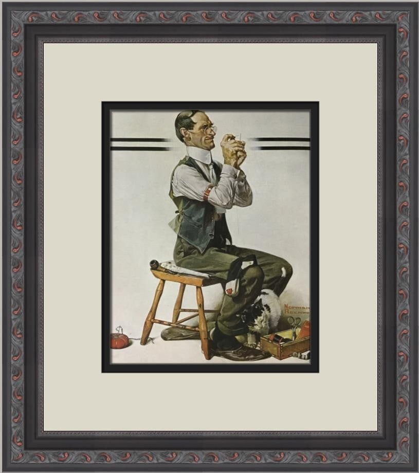Norman Rockwell Man Threading A Needle Custom Framed Lithograph Print: Norman Rockwell Man Threading A Needle Custom Framed Lithograph Print This beautifully custom framed print titled 'Man Threading A Needle' by renowned artist Norman Rockwell captures the essence of Am