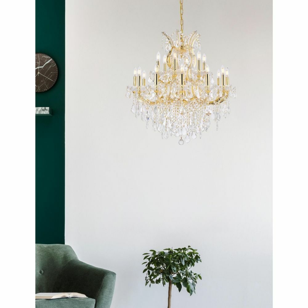 19-Light Maria Theresa Crystal Chandelier Gold Finish 30 Inch Diameter: 19-Light Maria Theresa Crystal Chandelier Gold Finish 30 Inch Diameter This Maria Theresa crystal chandelier features 19 lights and a gold finish, designed to enhance dining rooms, living rooms, foyer