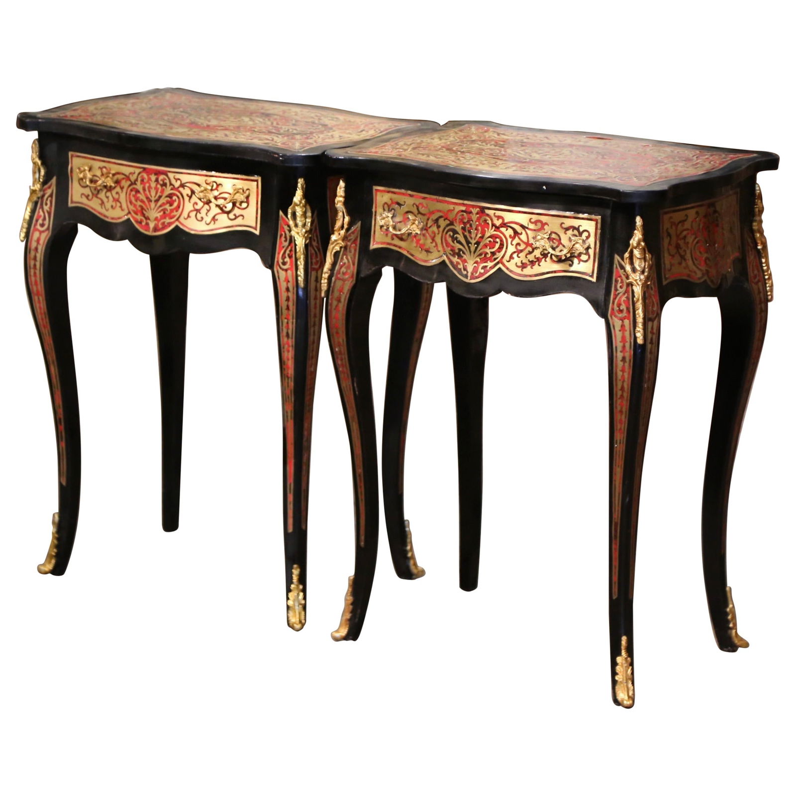 Set of 2 French Louis XV Style Blackened Brass Inlay Side Tables Circa 1950: Set of 2 French Louis XV Style Blackened Brass Inlay Side Tables Circa 1950 This elegant set of two mid-century Louis XV Boulle style side tables was crafted in France circa 1950. Each rectangular tab