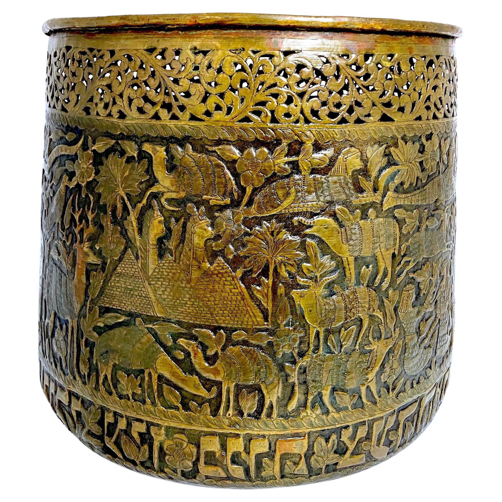 Vintage 1930s Egyptian Brass Jardiniere with Enameled Design: Vintage 1930s Egyptian Brass Jardiniere with Enameled Design Presenting a stunning large hand chased and enameled Egyptomania brass jardiniere/planter from Egypt, dating back to the 1930s. This remark