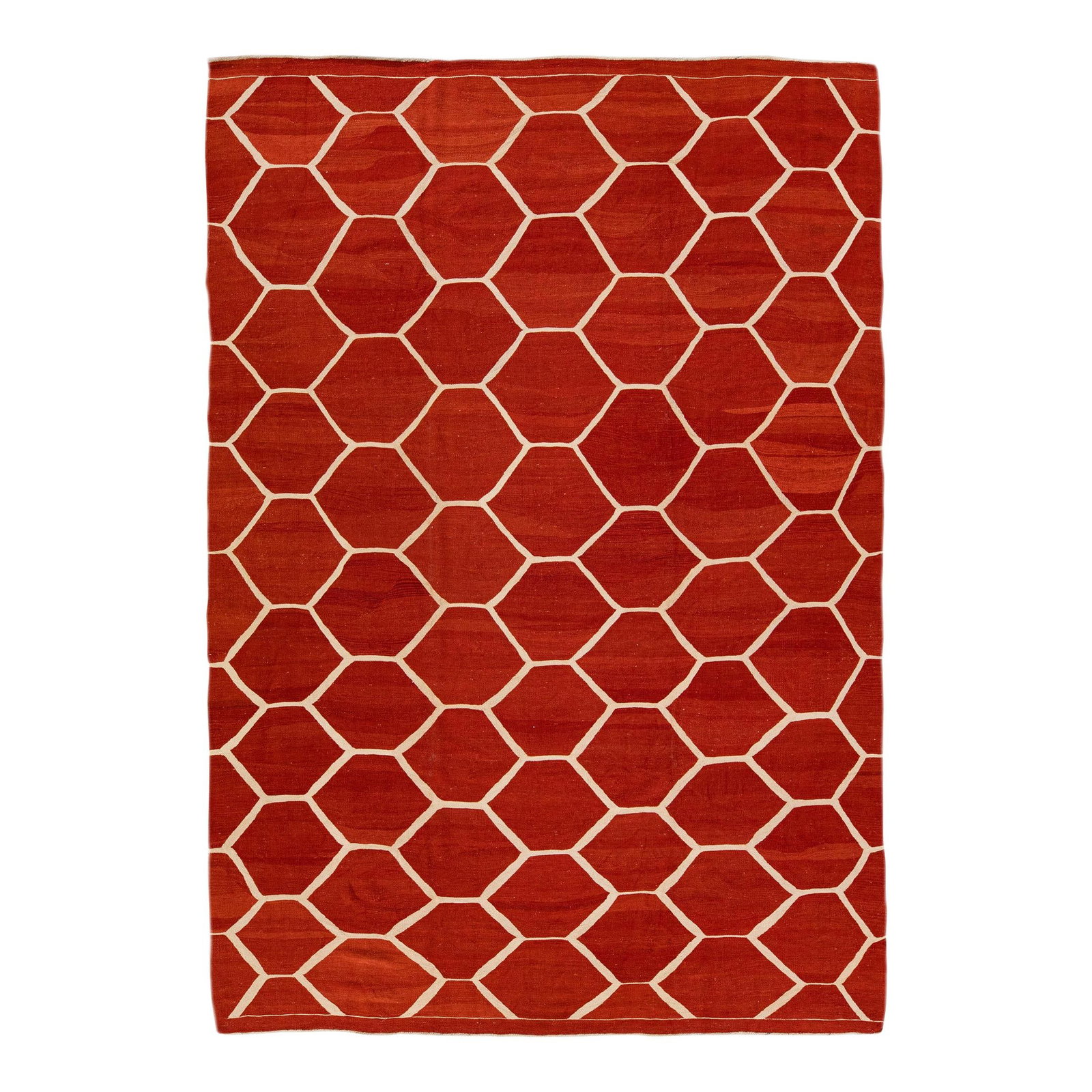 Modern Turkish Kilim Wool Rug 8'4 x 11'9 Geometric Orange Rust Design: Modern Turkish Kilim Wool Rug 8'4 x 11'9 Geometric Orange Rust Design Enhance your space with this stunning Modern Turkish Kilim flatweave wool rug, featuring a vibrant orange-rust color field adorned