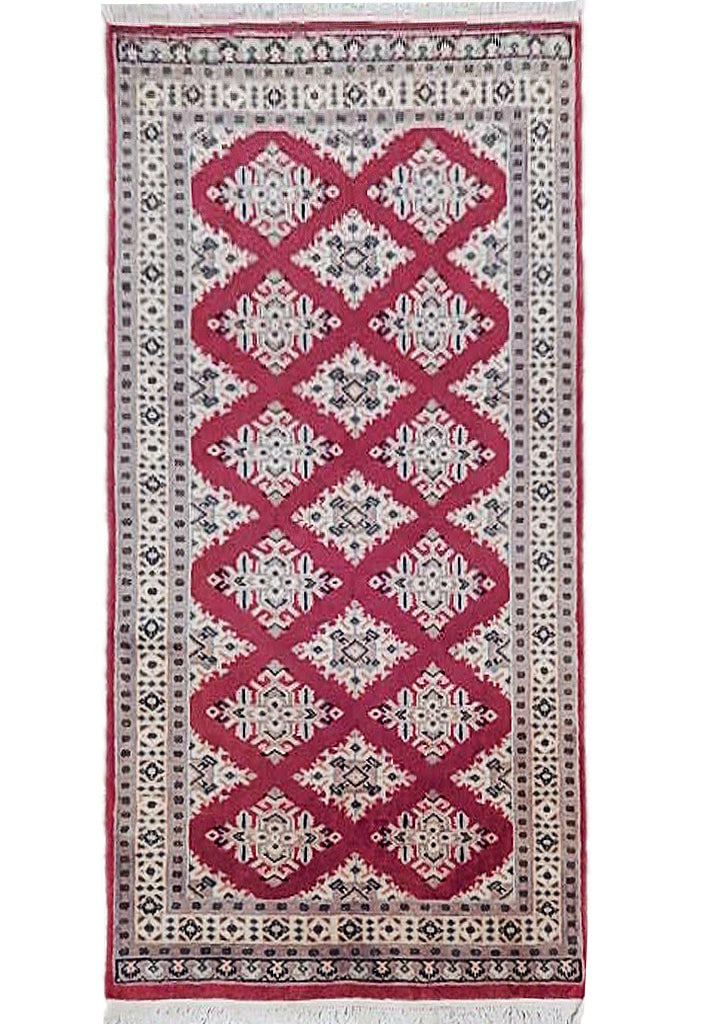 Hand-Knotted 3'1" x 5' Red Jaldar Bokhara Area Rug: Hand-Knotted 3'1" x 5' Red Jaldar Bokhara Area Rug Free continental US Shipping Introducing the stunning 3' x 5' Red Jaldar Bokhara Rug, a remarkable blend of traditional craftsmanship and contemporar